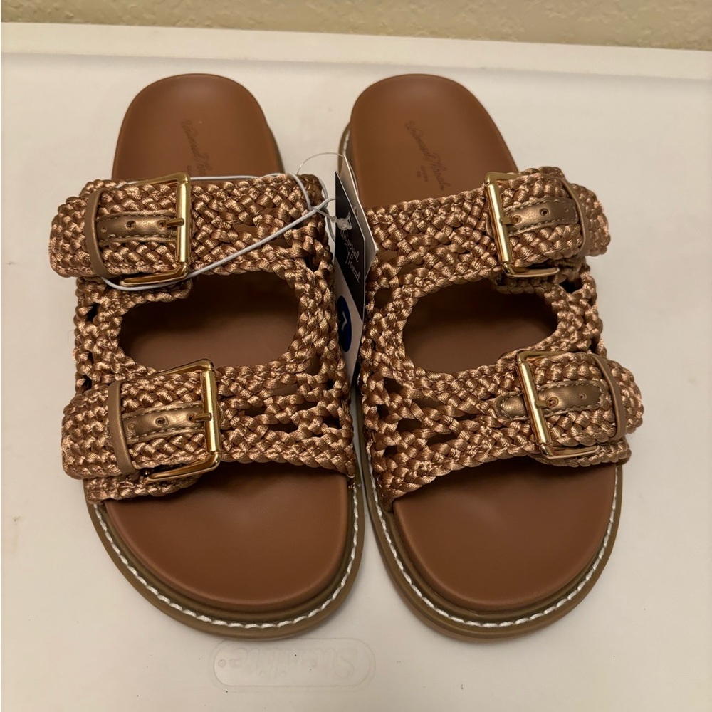 Woven Double-Buckle Slide Sandals in Bronze - Picture 2 of 3